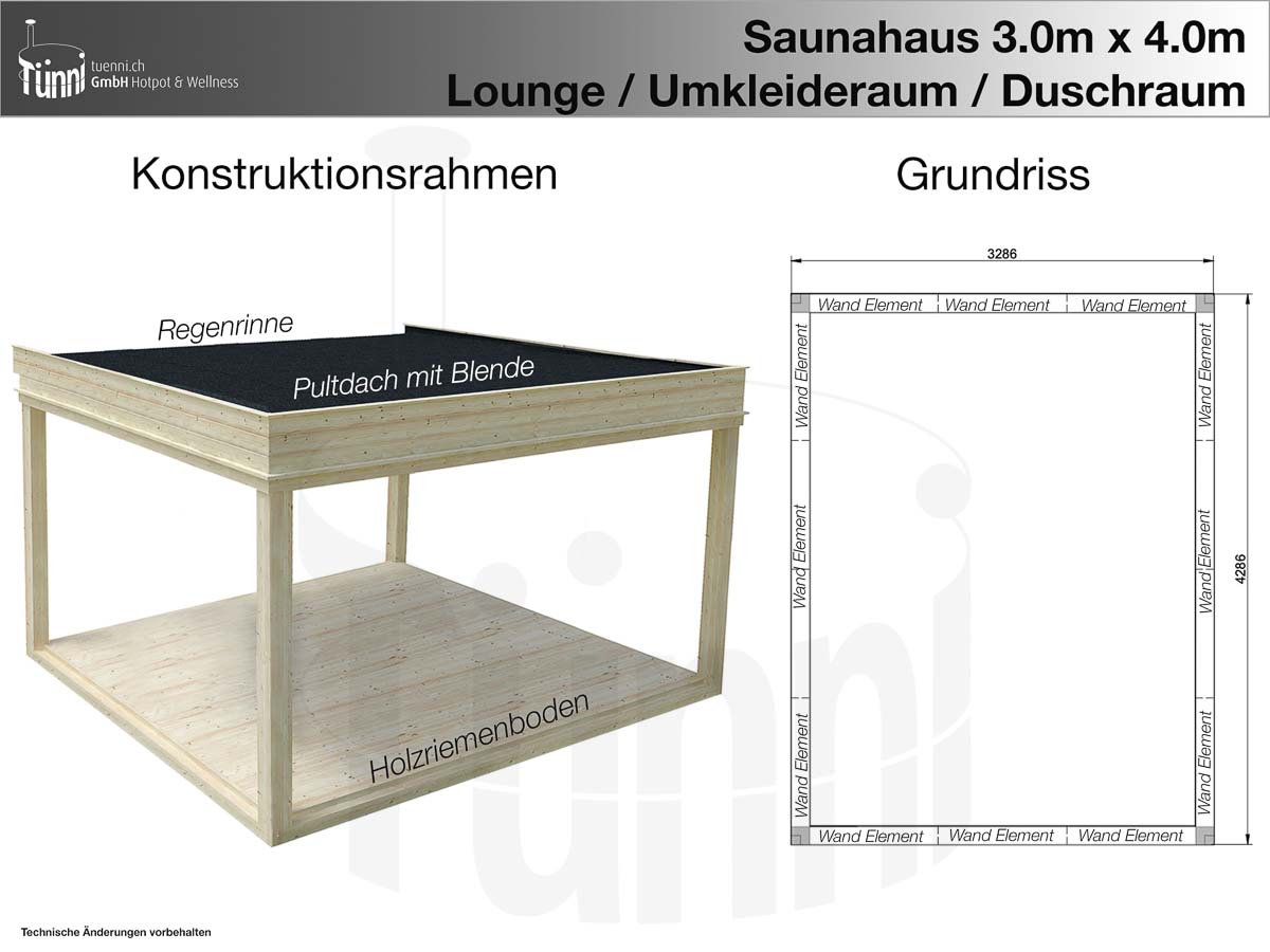 Fundamentplan Saunahaus 3m x 4m mit Lounge, Umkleideraum und Duschraum
